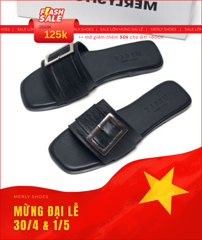 [New Color] Dép Nữ Da Mềm Giả Vải Quai Ngang Đính Khóa Gọn Chân Merly 1624 Đen Nhũ, Dép Nữ Cao Cấp, Dép Nữ Quai Ngang, Dép Lê Nữ, Dép Nữ Bigsize