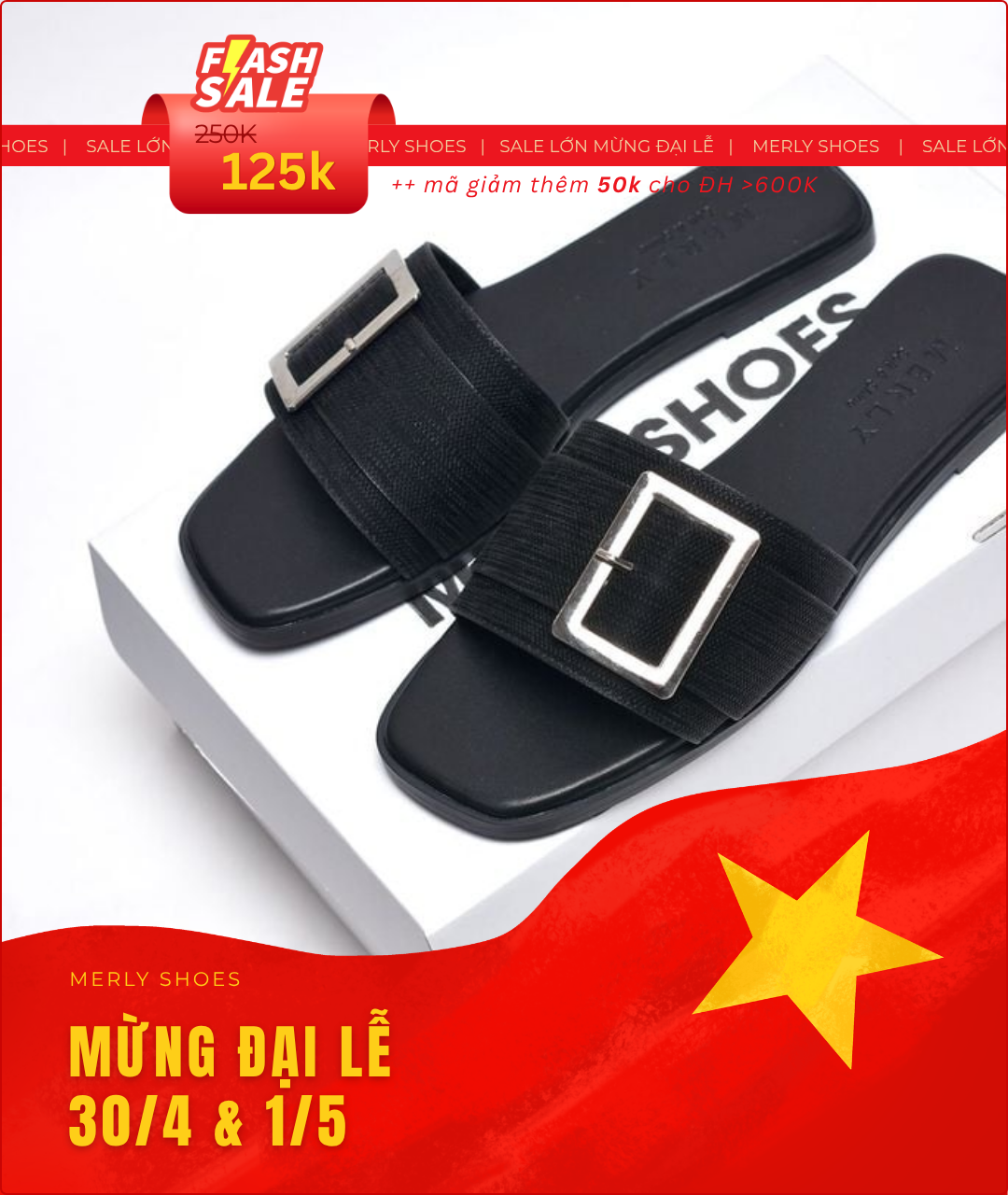 [35-43 Form To] Dép Nữ Quai Ngang Bệt Mũi Vuông Đính Khóa Da Mềm Merly 1624 Đen Vân, Dép Nữ Size Lớn 40 41 42 43