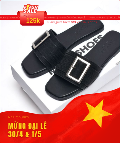 [35-43 Form To] Dép Nữ Quai Ngang Bệt Mũi Vuông Đính Khóa Da Mềm Merly 1624 Đen Vân, Dép Nữ Size Lớn 40 41 42 43