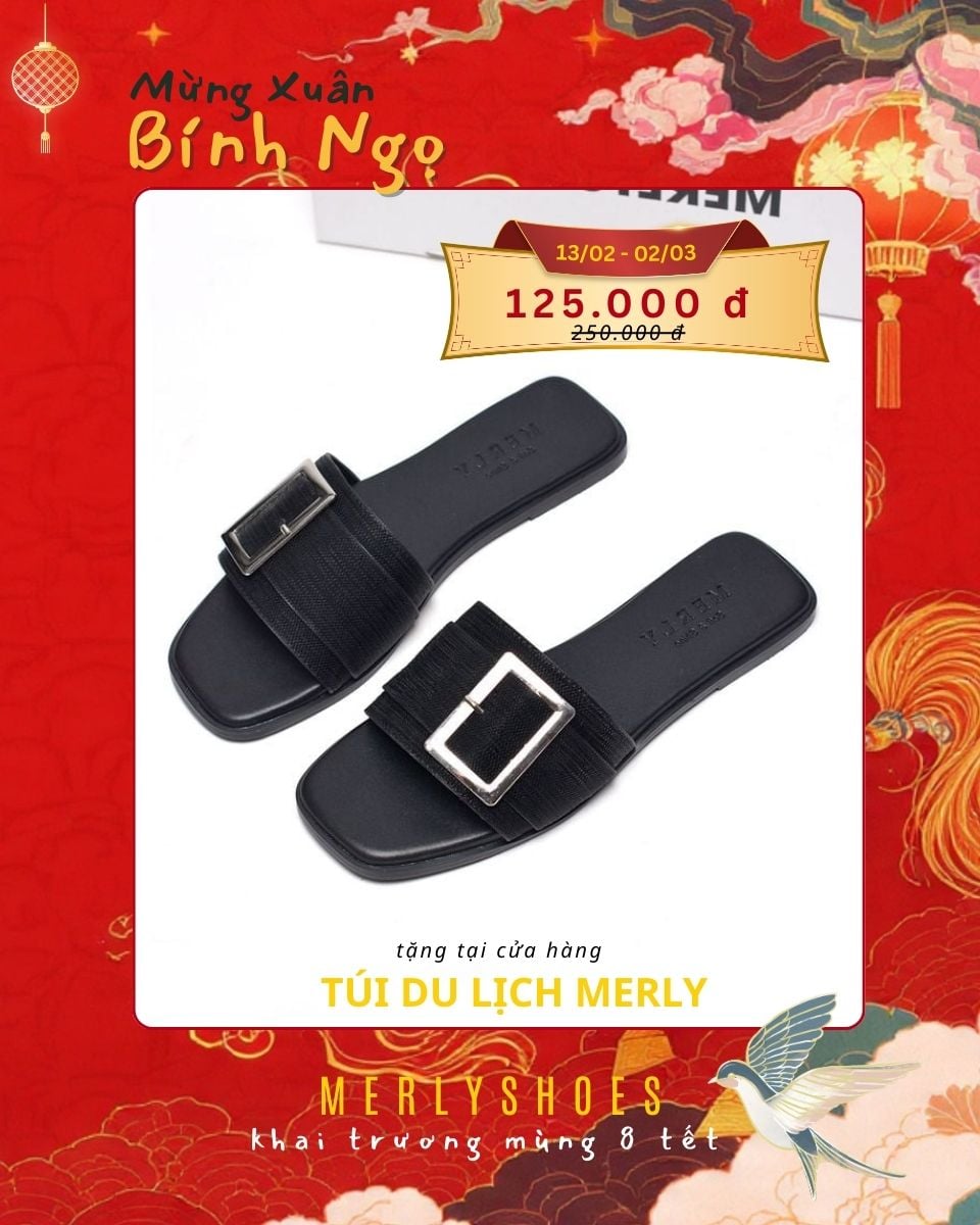 [New Color] Dép Nữ Da Mềm Giả Vải Quai Ngang Đính Khóa Gọn Chân Merly 1624 Đen Nhũ, Dép Nữ Cao Cấp, Dép Nữ Quai Ngang, Dép Lê Nữ, Dép Nữ Bigsize