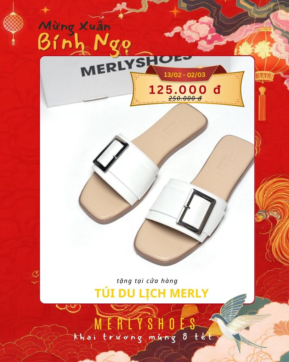 [35-43 Form To] Dép Nữ Trắng Quai Ngang Bệt Mũi Vuông Đính Khoá Da Mềm Merly 1624 Trắng Mờ, Dép Nữ Big Size
