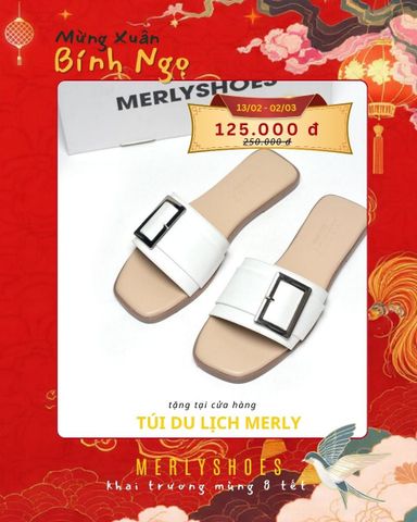[35-43 Form To] Dép Nữ Trắng Quai Ngang Bệt Mũi Vuông Đính Khoá Da Mềm Merly 1624 Trắng Mờ, Dép Nữ Big Size