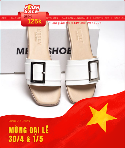 [35-43 Form To] Dép Nữ Trắng Quai Ngang Bệt Mũi Vuông Đính Khoá Da Mềm Merly 1624 Trắng Mờ, Dép Nữ Big Size