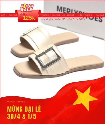 [New Color] Dép Nữ Da Mềm Giả Vải Quai Ngang Đính Khóa Gọn Chân Merly 1624 Kem Vàng Nhũ Champagne Dép Nữ Cao Cấp, Dép Nữ Quai Ngang, Dép Lê Nữ, Dép Nữ Bigsize