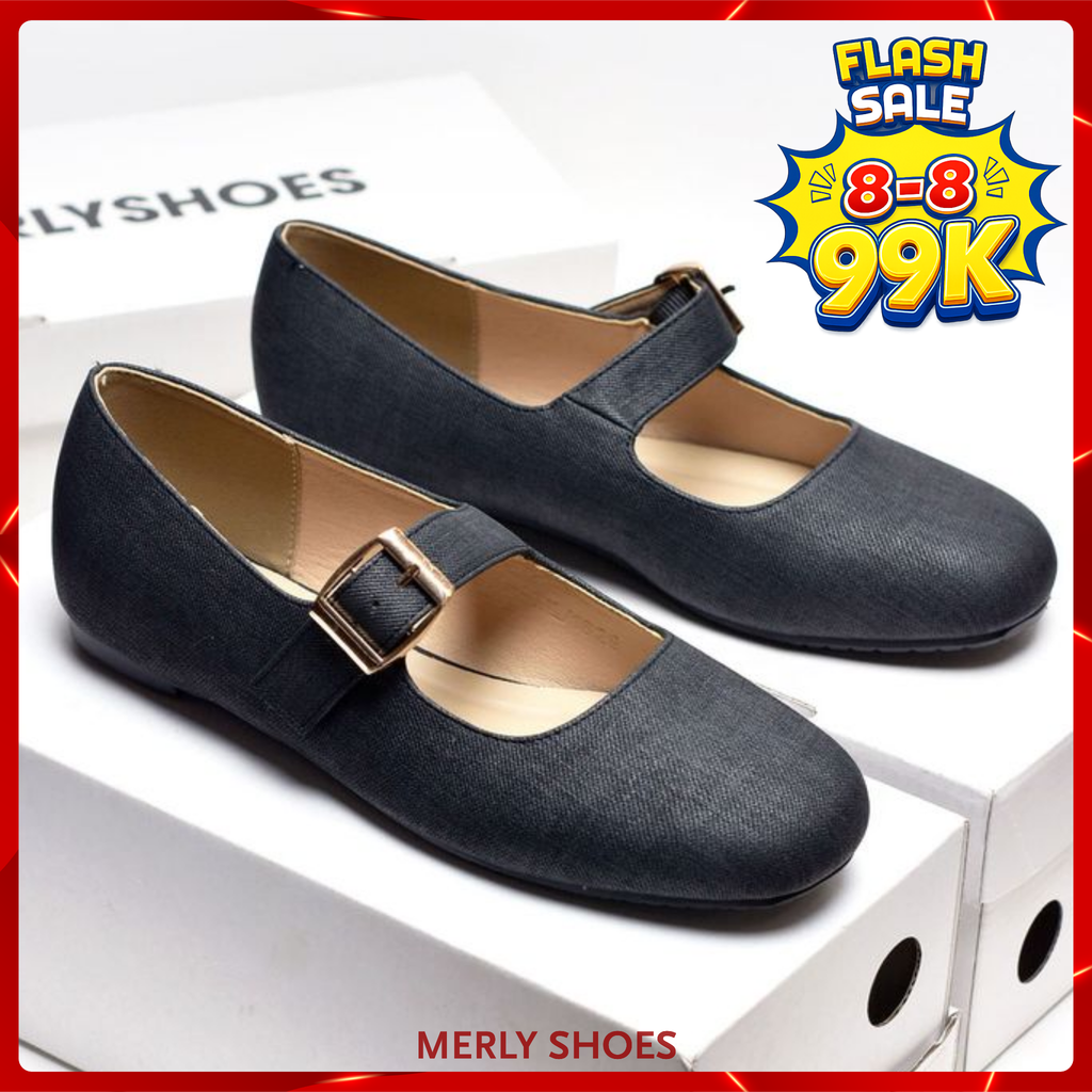 [PHOM TO] Giày Búp Bê Quai Ngang Mary Jane Bệt Merly 1629 Đen Jean, Giày Búp Bê Nữ, Giày Bệt Nữ, Giày Búp Bê Big Size