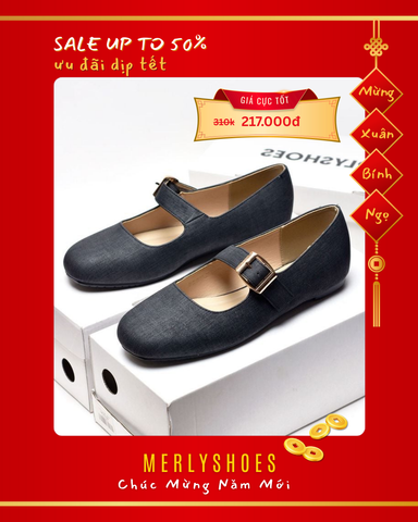 [PHOM TO] Giày Búp Bê Quai Ngang Mary Jane Bệt Merly 1629 Đen Jean, Giày Búp Bê Nữ, Giày Bệt Nữ, Giày Búp Bê Big Size
