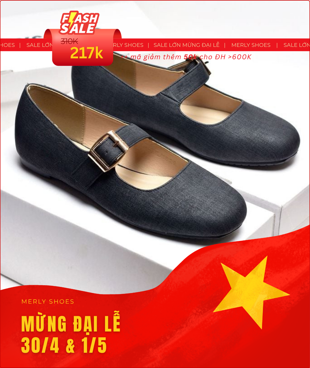 [PHOM TO] Giày Búp Bê Quai Ngang Mary Jane Bệt Merly 1629 Đen Jean, Giày Búp Bê Nữ, Giày Bệt Nữ, Giày Búp Bê Big Size