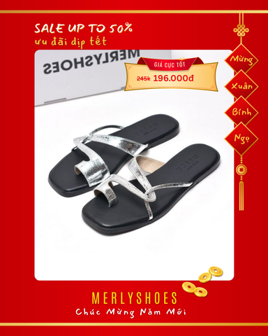 Dép Xỏ Ngón Da Cao Cấp Mũi Vuông Dây Mảnh Merly 1631 Bạc x Đen, Dép Lê Nữ, Dép Nữ Big Size 35-43