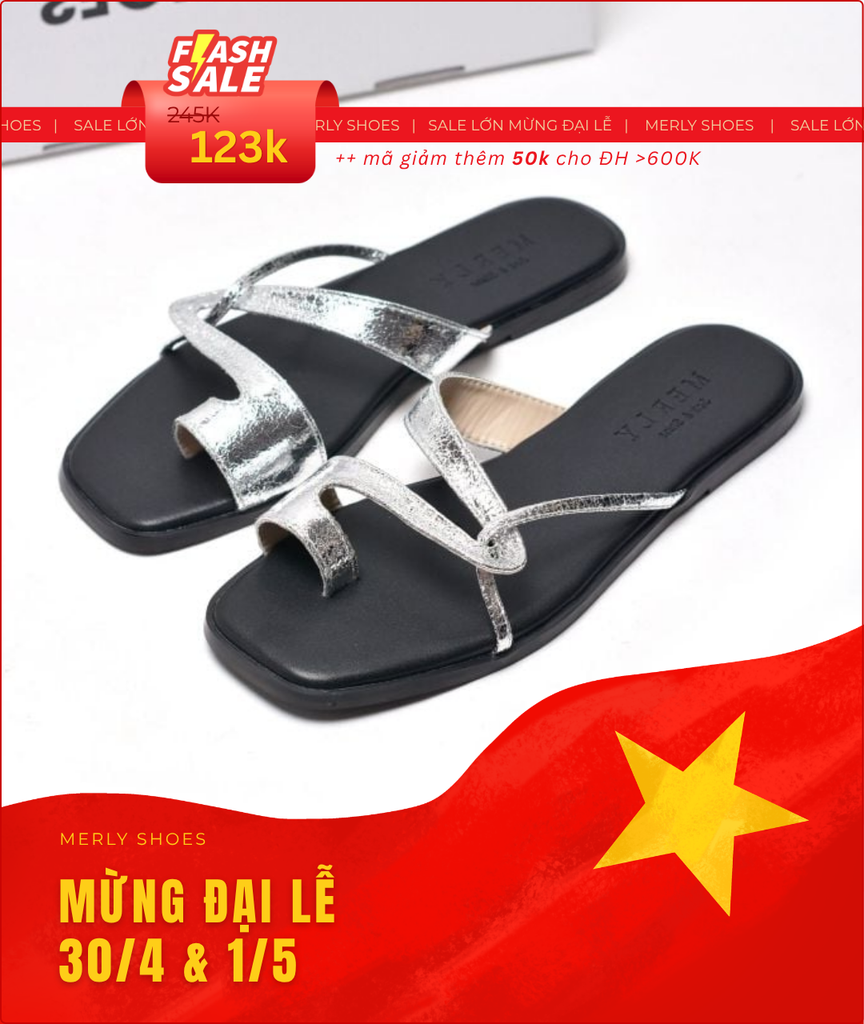 Dép Xỏ Ngón Da Cao Cấp Mũi Vuông Dây Mảnh Merly 1631 Bạc x Đen, Dép Lê Nữ, Dép Nữ Big Size 35-43