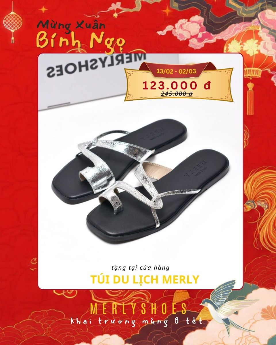 Dép Xỏ Ngón Da Cao Cấp Mũi Vuông Dây Mảnh Merly 1631 Bạc x Đen, Dép Lê Nữ, Dép Nữ Big Size 35-43
