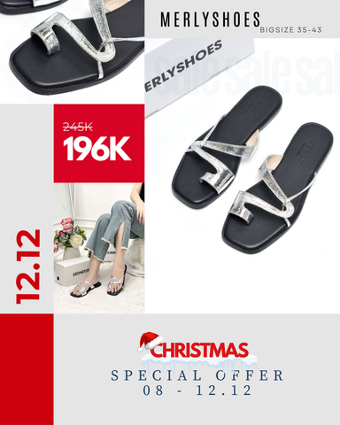 Dép Xỏ Ngón Da Cao Cấp Mũi Vuông Dây Mảnh Merly 1631 Bạc x Đen, Dép Lê Nữ, Dép Nữ Big Size 35-43