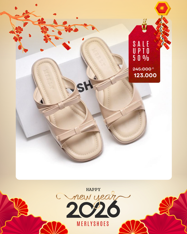 Dép Lê Nữ Hai Quai Mảnh Nơ Ngang Merly 1632 Nude Kem, Dép Nữ Big Size 35-43, Dép Bệt Nữ, Dép Nữ Mũi Vuông