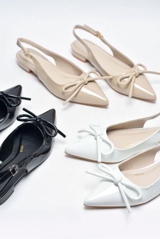 Giày Nữ Trắng Bệt Mũi Nhọn Hở Gót Nơ Phồng Merly 1634-1p Trắng Bóng, Giày Búp Bê Trắng Mũi Nhọn Bigsize