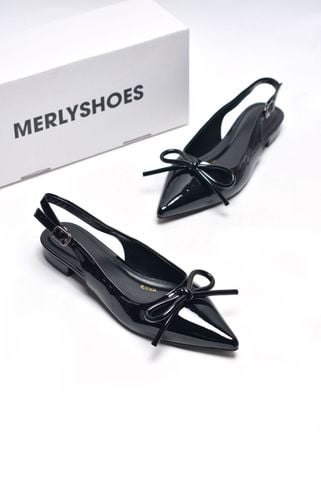[Best Seller] Giày Bệt Mũi Nhọn Hở Gót Nơ Phồng Merly 1634-1p Đen Bóng, Giày Đi Tiệc Thấp, Giày Công Sở Nữ, Giày Bệt Nữ Big Size, Giày Búp Bê Mũi Nhọn