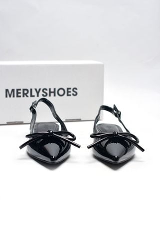 [Best Seller] Giày Bệt Mũi Nhọn Hở Gót Nơ Phồng Merly 1634-1p Đen Bóng, Giày Đi Tiệc Thấp, Giày Công Sở Nữ, Giày Bệt Nữ Big Size, Giày Búp Bê Mũi Nhọn