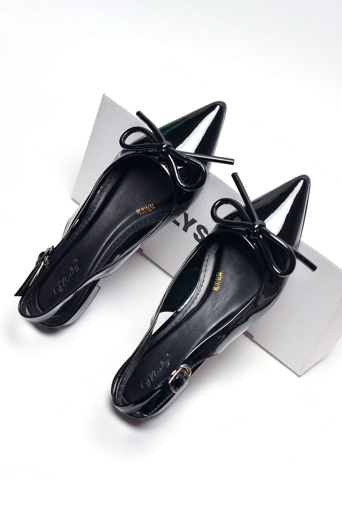 [Best Seller] Giày Bệt Mũi Nhọn Hở Gót Nơ Phồng Merly 1634-1p Đen Bóng, Giày Đi Tiệc Thấp, Giày Công Sở Nữ, Giày Bệt Nữ Big Size, Giày Búp Bê Mũi Nhọn