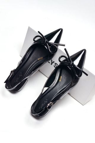 [Best Seller] Giày Bệt Mũi Nhọn Hở Gót Nơ Phồng Merly 1634-1p Đen Bóng, Giày Đi Tiệc Thấp, Giày Công Sở Nữ, Giày Bệt Nữ Big Size, Giày Búp Bê Mũi Nhọn