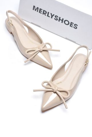 [Best Seller] Giày Bệt Mũi Nhọn Hở Gót Nơ Phồng Merly 1634-1p Kem Bóng, Giày Đi Tiệc Thấp, Giày Công Sở Nữ, Giày Bệt Nữ Big Size, Giày Búp Bê Nude Mũi Nhọn