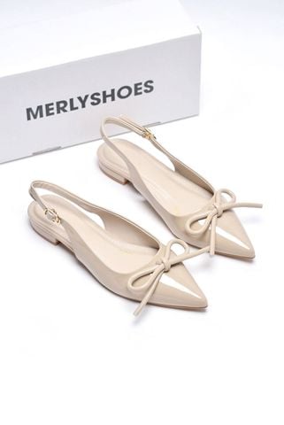 [Best Seller] Giày Bệt Mũi Nhọn Hở Gót Nơ Phồng Merly 1634-1p Kem Bóng, Giày Đi Tiệc Thấp, Giày Công Sở Nữ, Giày Bệt Nữ Big Size, Giày Búp Bê Nude Mũi Nhọn