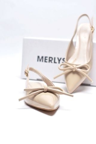 [Best Seller] Giày Bệt Mũi Nhọn Hở Gót Nơ Phồng Merly 1634-1p Kem Bóng, Giày Đi Tiệc Thấp, Giày Công Sở Nữ, Giày Bệt Nữ Big Size, Giày Búp Bê Nude Mũi Nhọn