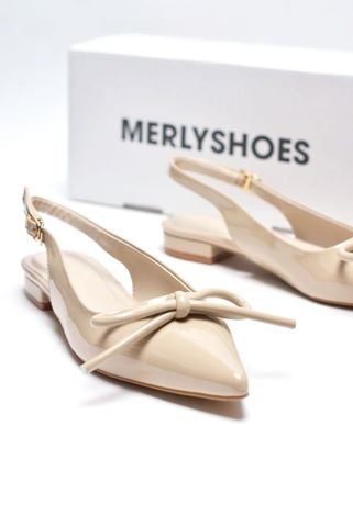 [Best Seller] Giày Bệt Mũi Nhọn Hở Gót Nơ Phồng Merly 1634-1p Kem Bóng, Giày Đi Tiệc Thấp, Giày Công Sở Nữ, Giày Bệt Nữ Big Size, Giày Búp Bê Nude Mũi Nhọn