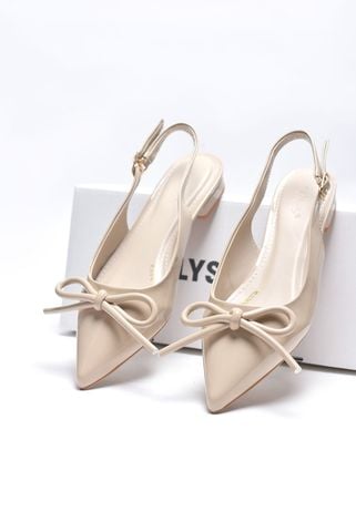 Giày Bệt Mũi Nhọn Hở Gót Nơ Phồng Merly 1634-1p Kem Bóng, Giày Búp Bê Mũi Nhọn Bigsize