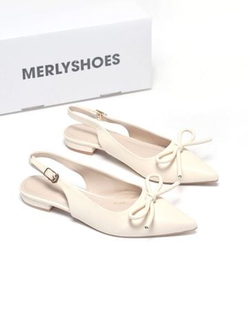 [NEW] Giày Bệt Nơ Slingback Mũi Nhọn Hở Gót Nơ Phồng Merly 1634-1p Trắng Kem Ivory, Giày Đi Tiệc Thấp, Giày Công Sở Nữ, Giày Bệt Nữ Big Size, Giày Búp Bê Mũi Nhọn