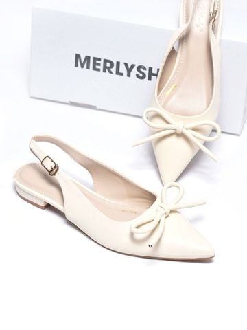 [NEW] Giày Bệt Nơ Slingback Mũi Nhọn Hở Gót Nơ Phồng Merly 1634-1p Trắng Kem Ivory, Giày Đi Tiệc Thấp, Giày Công Sở Nữ, Giày Bệt Nữ Big Size, Giày Búp Bê Mũi Nhọn