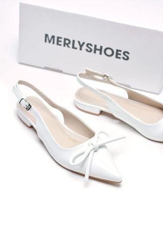 [Best Seller] Giày Bệt Mũi Nhọn Hở Gót Nơ Phồng Merly 1634-1p Trắng Bóng, Giày Đi Tiệc Thấp, Giày Công Sở Nữ, Giày Bệt Nữ Big Size, Giày Búp Bê Trắng Mũi Nhọn