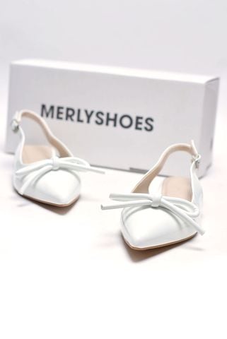 [Best Seller] Giày Bệt Mũi Nhọn Hở Gót Nơ Phồng Merly 1634-1p Trắng Bóng, Giày Đi Tiệc Thấp, Giày Công Sở Nữ, Giày Bệt Nữ Big Size, Giày Búp Bê Trắng Mũi Nhọn