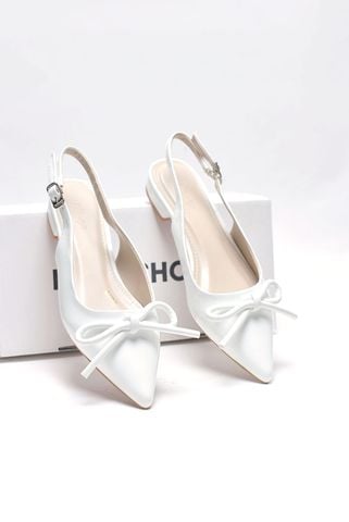 [Best Seller] Giày Bệt Mũi Nhọn Hở Gót Nơ Phồng Merly 1634-1p Trắng Bóng, Giày Đi Tiệc Thấp, Giày Công Sở Nữ, Giày Bệt Nữ Big Size, Giày Búp Bê Trắng Mũi Nhọn