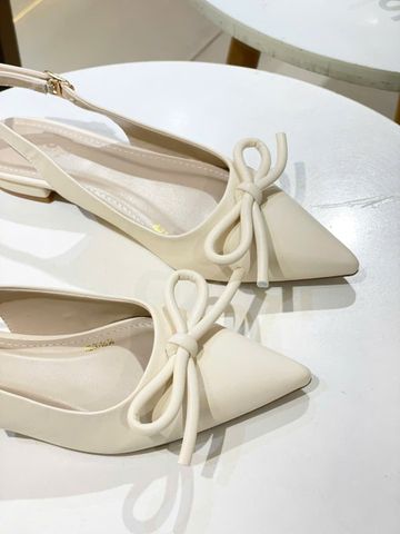 [NEW] Giày Bệt Nơ Slingback Mũi Nhọn Hở Gót Nơ Phồng Merly 1634-1p Trắng Kem Ivory, Giày Đi Tiệc Thấp, Giày Công Sở Nữ, Giày Bệt Nữ Big Size, Giày Búp Bê Mũi Nhọn