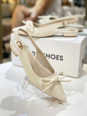 [NEW] Giày Bệt Nơ Slingback Mũi Nhọn Hở Gót Nơ Phồng Merly 1634-1p Trắng Kem Ivory, Giày Đi Tiệc Thấp, Giày Công Sở Nữ, Giày Bệt Nữ Big Size, Giày Búp Bê Mũi Nhọn