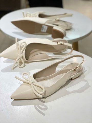 [NEW] Giày Bệt Nơ Slingback Mũi Nhọn Hở Gót Nơ Phồng Merly 1634-1p Trắng Kem Ivory, Giày Đi Tiệc Thấp, Giày Công Sở Nữ, Giày Bệt Nữ Big Size, Giày Búp Bê Mũi Nhọn