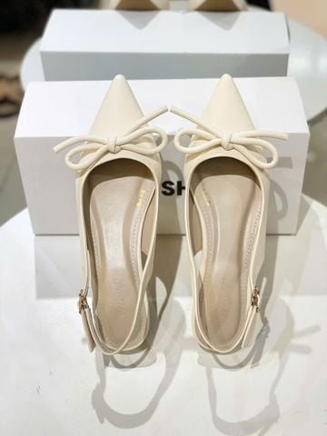 Giày Bệt Nơ Trắng Kem Ivory, Giày Bệt Mũi Nhọn, Giày Búp Bê Nơ, Giày Slingback Bệt