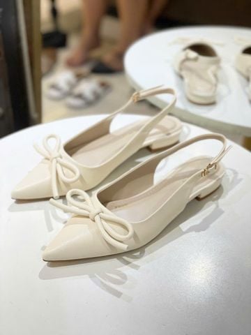 Giày Bệt Nơ Trắng Kem Ivory, Giày Bệt Mũi Nhọn, Giày Búp Bê Nơ, Giày Slingback Bệt
