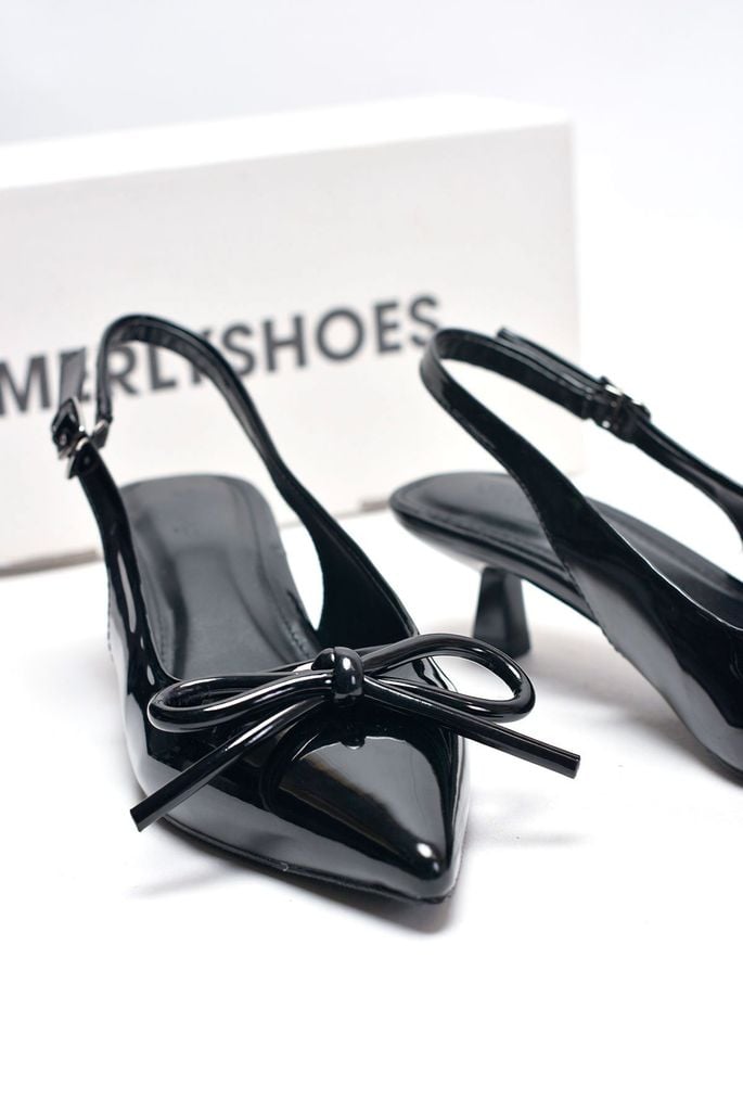 [New 3cm] Giày Cao Gót Nơ Phồng Mũi Nhọn Hở Gót Merly 1634-3p Đen Bóng Gót Thấp 3cm, Giày Đi Tiệc, Giày Cao Gót Đen, Giày Công Sở Nữ, Giày Cao Gót Big Size 35-43, Giày Cao Gót Mặc Áo Dài
