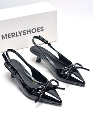 [New 3cm] Giày Cao Gót Nơ Phồng Mũi Nhọn Hở Gót Merly 1634-3p Đen Bóng Gót Thấp 3cm, Giày Đi Tiệc, Giày Cao Gót Đen, Giày Công Sở Nữ, Giày Cao Gót Big Size 35-43, Giày Cao Gót Mặc Áo Dài