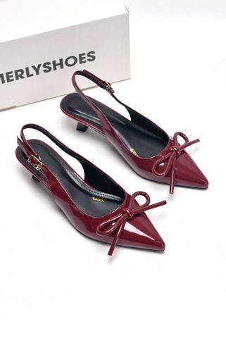 [New 3cm] Giày Cao Gót Đỏ Nơ Phồng 3cm Mũi Nhọn Hở Gót Merly 1634-3p Đỏ Bóng Gót Thấp 3cm, Giày Đi Tiệc, Giày Công Sở Nữ, Giày Cao Gót Big Size