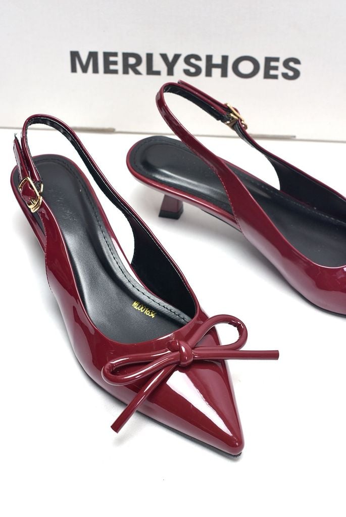 [New 3cm] Giày Cao Gót Đỏ Nơ Phồng 3cm Mũi Nhọn Hở Gót Merly 1634-3p Đỏ Bóng Gót Thấp 3cm, Giày Đi Tiệc, Giày Công Sở Nữ, Giày Cao Gót Big Size, Giày Cao Gót Mặc Áo Dài