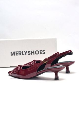 Giày Cao Gót Đỏ Nơ Phồng 3cm Mũi Nhọn Hở Gót Merly