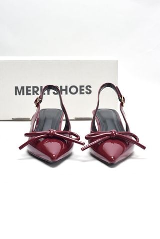 [New 3cm] Giày Cao Gót Đỏ Nơ Phồng 3cm Mũi Nhọn Hở Gót Merly 1634-3p Đỏ Bóng Gót Thấp 3cm, Giày Đi Tiệc, Giày Công Sở Nữ, Giày Cao Gót Big Size