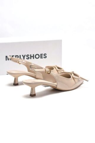 [New 3cm] Giày Cao Gót Nơ Phồng 3cm Mũi Nhọn Hở Gót Merly 1634-3p Kem Bóng Gót Thấp 3cm, Giày Đi Tiệc, Giày Cao Gót Đen, Giày Công Sở Nữ, Giày Cao Gót Big Size