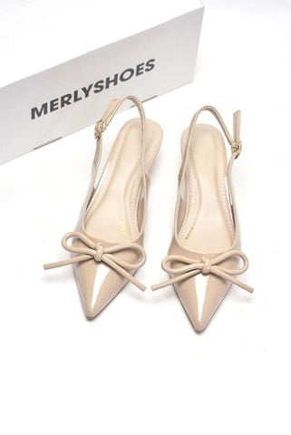 [New 3cm] Giày Cao Gót Nơ Phồng 3cm Mũi Nhọn Hở Gót Merly 1634-3p Kem Bóng Gót Thấp 3cm, Giày Đi Tiệc, Giày Cao Gót Đen, Giày Công Sở Nữ, Giày Cao Gót Big Size, Giày Cao Gót Mặc Áo Dài