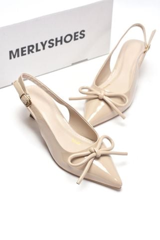 [New 3cm] Giày Cao Gót Nơ Phồng 3cm Mũi Nhọn Hở Gót Merly 1634-3p Kem Bóng Gót Thấp 3cm, Giày Đi Tiệc, Giày Cao Gót Đen, Giày Công Sở Nữ, Giày Cao Gót Big Size, Giày Cao Gót Mặc Áo Dài