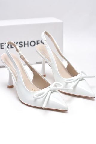 Giày Cao Gót Trắng Nơ Xinh Mũi Nhọn Hở Gót Cao 9cm