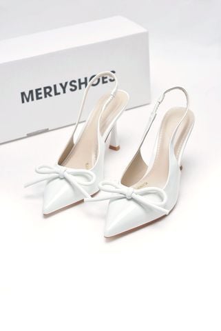 Giày Cao Gót Trắng Nơ Xinh Mũi Nhọn Hở Gót Cao 9cm Merly 1634-9p Trắng Bóng, Giày Cưới Cô Dâu, Giày Đi Tiệc, Giày Công Sở Nữ, Giày Cao Gót Big Size 35-43, Giày Cao Gót Mặc Áo Dài