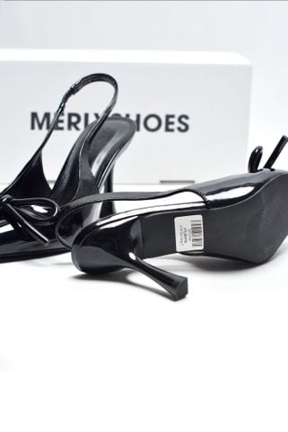 Giày Cao Gót Đen Mũi Nhọn Nơ Phồng Slingback Merly 1634-9p Đen Bóng Gót Nhọn 9cm, Giày Đi Tiệc, Giày Công Sở Nữ, Giày Cao Gót Big Size, Giày Cao Gót Mặc Áo Dài
