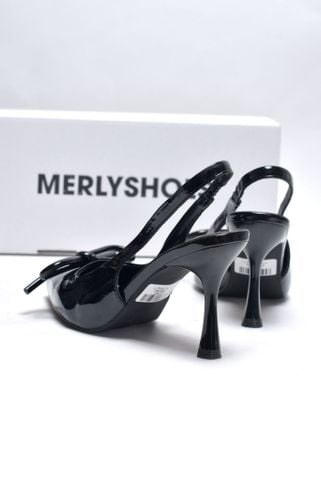 Giày Cao Gót Đen Mũi Nhọn Nơ Phồng Slingback Merly 1634-9p Đen Bóng Gót Nhọn 9cm, Giày Đi Tiệc, Giày Công Sở Nữ, Giày Cao Gót Big Size, Giày Cao Gót Mặc Áo Dài