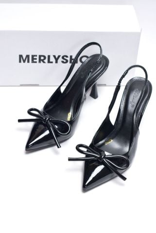 Giày Cao Gót Đen Mũi Nhọn Nơ Phồng Slingback Merly 1634-9p Đen Bóng Gót Nhọn 9cm, Giày Đi Tiệc, Giày Công Sở Nữ, Giày Cao Gót Big Size, Giày Cao Gót Mặc Áo Dài